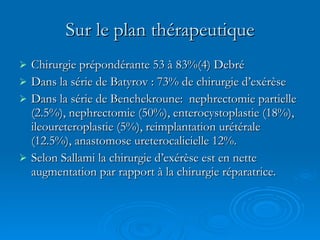 Sur le plan thérapeutique Chirurgie prépondérante 53 à 83%(4) Debré Dans la série de Batyrov : 73% de chirurgie d’exérèse  Dans la série de Benchekroune:  nephrectomie partielle (2.5%), nephrectomie (50%), enterocystoplastie (18%), ileoureteroplastie (5%), reimplantation urétérale (12.5%), anastomose ureterocalicielle 12%. Selon Sallami la chirurgie d’exérèse est en nette augmentation par rapport à la chirurgie réparatrice. 