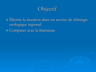 Objectif  Décrire la situation dans un service de chirurgie urologique régional Comparer avec la littérature 