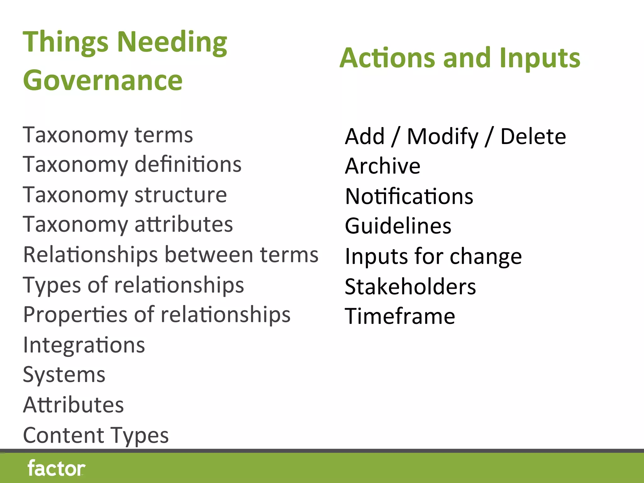 Things	
  Needing	
  
Governance 	
  	
  
Taxonomy	
  terms	
  
Taxonomy	
  deﬁniHons	
  
Taxonomy	
  structure	
  
Taxonomy	
  acributes	
  
RelaHonships	
  between	
  terms	
  
Types	
  of	
  relaHonships	
  
ProperHes	
  of	
  relaHonships	
  
IntegraHons	
  
Systems	
  
Acributes	
  
Content	
  Types	
  
Add	
  /	
  Modify	
  /	
  Delete	
  
Archive	
  
NoHﬁcaHons	
  
Guidelines	
  
Inputs	
  for	
  change	
  
Stakeholders	
  
Timeframe	
  
	
  
Ac7ons	
  and	
  Inputs 	
  	
  
 