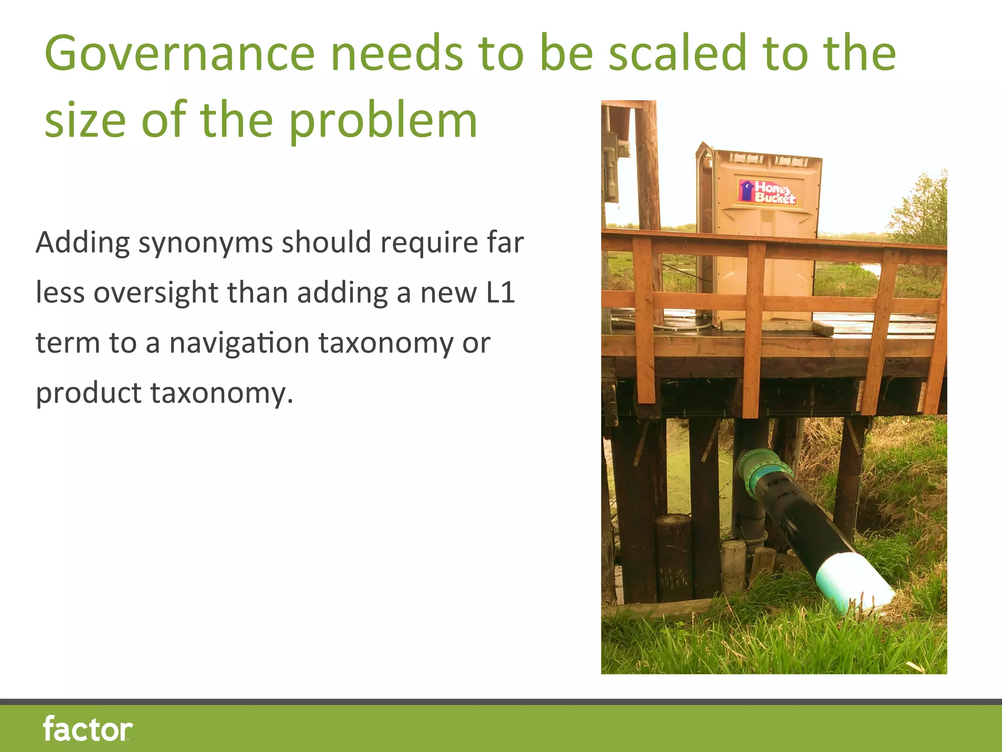 Governance	
  needs	
  to	
  be	
  scaled	
  to	
  the	
  
size	
  of	
  the	
  problem	
  
Adding	
  synonyms	
  should	
  require	
  far	
  
less	
  oversight	
  than	
  adding	
  a	
  new	
  L1	
  
term	
  to	
  a	
  navigaHon	
  taxonomy	
  or	
  
product	
  taxonomy.	
  
 