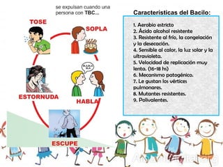 Características del Bacilo:
1. Aerobio estricto
2. Ácido alcohol resistente
3. Resistente al frío, la congelación
y la desecación.
4. Sensible al calor, la luz solar y la
ultravioleta.
5. Velocidad de replicación muy
lenta. (16-18 hs)
6. Mecanismo patogénico.
7. Le gustan los vértices
pulmonares.
8. Mutantes resistentes.
9. Polivalentes.
 