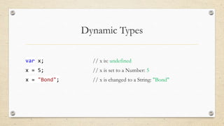 Dynamic Types
var x;

// x is: undefined

x = 5;

// x is set to a Number: 5

x = "Bond";

// x is changed to a String: "Bond"

 
