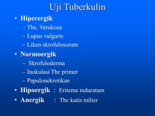 Uji Tuberkulin
• Hiperergik
– Tbc. Verukosa
– Lupus vulgaris
– Liken skrofulosorum
• Normoergik
– Skrofuloderma
– Inokulasi Tbc primer
– Papulonekrotikan
• Hipoergik : Eritema induratum
• Anergik : Tbc kutis milier
 