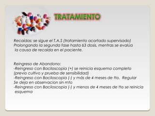 Recaídas: se sigue el T.A.S (tratamiento acortado supervisado)
Prolongando la segunda fase hasta 63 dosis, mentras se evalúa
la causa de recaída en el paciente.


Reingreso de Abandono:
-Reingreso con Baciloscopia (+) se reinicia esquema completo
(previo cultivo y prueba de sensibilidad)
-Reingreso con Baciloscopia (-) y más de 4 meses de tto. Regular
Se deja en observacion sin mto
-Reingreso con Baciloscopia (-) y menos de 4 meses de tto se reinicia
 esquema
 