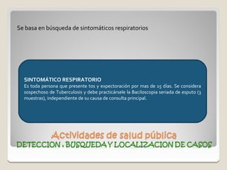 Se basa en búsqueda de sintomáticos respiratorios




  SINTOMÁTICO RESPIRATORIO
  Es toda persona que presente tos y expectoración por mas de 15 días. Se considera
  sospechoso de Tuberculosis y debe practicársele la Baciloscopia seriada de esputo (3
  muestras), independiente de su causa de consulta principal.
 