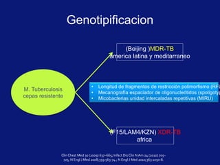 Genotipificacion
Clin Chest Med 30 (2009) 637–665; Infect Dis Clin N Am 24 (2010) 705–
725; N Engl J Med 2008;359:563-74.; N Engl J Med 2010;363:1050-8.
M. Tuberculosis
cepas resistente
(Beijing )MDR-TB
america latina y meditarraneo
(F15/LAM4/KZN) XDR-TB
africa
• Longitud de fragmentos de restricción polimorfismo (RFL
• Mecanografía espaciador de oligonucleótidos (spoligotyp
• Micobacterias unidad intercaladas repetitivas (MIRU)
 