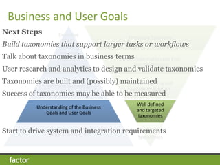 Business and User Goals 
Next Steps 
Executive 
Vision 
Build taxonomies that support larger tasks or workflows 
Talk abou...