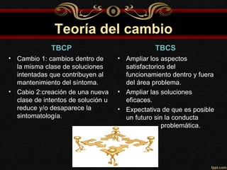 Teoría del cambio
              TBCP                              TBCS
• Cambio 1: cambios dentro de       • Ampliar los aspectos
  la misma clase de soluciones        satisfactorios del
  intentadas que contribuyen al       funcionamiento dentro y fuera
  mantenimiento del síntoma.          del área problema.
• Cabio 2:creación de una nueva     • Ampliar las soluciones
  clase de intentos de solución u     eficaces.
  reduce y/o desaparece la          • Expectativa de que es posible
  sintomatología.                     un futuro sin la conducta
                                                   problemática.
 