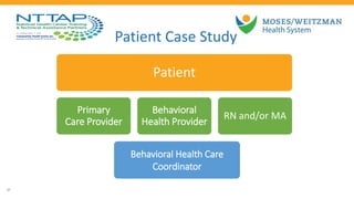 Patient
Primary
Care Provider
Behavioral
Health Provider
RN and/or MA
Behavioral Health Care
Coordinator
Patient Case Study
27
 