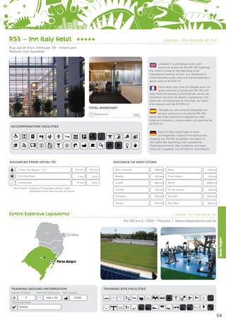 RS3 – Inn Italy Hotel

Lajeado - Rio Grande do Sul

Rua Jacob Alois Altmayer, 36 - Americano
Website Not Available

Located in a privileged area with
exclusive access to the RS-130 highway,
the hotel is close to the Sporting Club
Lajeadense training center. It is designed in
contemporary-style, new and surrounded by a
green area of 67.000 m2.
Situé dans une zone privilégiée avec un
accès exclusif à l’autoroute RS-130, Inn
Italy Hotel se trouve à proximité du centre de
formation du Club de Sports Lajeadense. Cet
hôtel est contemporain et nouveau, au cœur
d’un espace vert de 67.000 m2.

TOTAL INVENTORY
Bedrooms

140

ACCOMMODATION FACILITIES

Ubicado en una zona privilegiada con
acceso exclusivo a la autovía RS-130,
cerca del Club Deportivo Lajeadense, este
hotel es moderno y nuevo sobre una parcela de
67.000 m2.
Das Inn Italy Hotel liegt in einer
privilegierten Gegend mit exklusivem
Zugang zur RS-130 Autobahn und ganz in
der Nähe des Sporting Club Lajeadense
Trainingszentrums. Das moderne und neue
Hotel ist umgeben von 67.000 m2 Grünfläche.

DISTANCES FROM HOTEL TO:

DISTANCE TO HOST CITIES:

Campo dos Bugres - CXJ *

102 min

102 km

7 min
10 min

* Restrictions: Number of Passengers and/or Cargo
	
Operation Hours from Sunrise to Sunset

Natal

4 km

Brasília

1615 km

Porto Alegre

6 km

Cuiabá

1684 km

Curitiba

554 km

Rio de Janeiro

3216 km

Salvador

2342 km

Manaus

Training Site

1389 km

Fortaleza

City Downtown

Belo Horizonte

3144 km

São Paulo

894 km

Centro Esportivo Lajeadense

3176 km
120 km

Recife

2989 km
1165 km

Lajeado - Rio Grande do Sul

RS 130 km 2, 7.900 - Floresta | www.celajeadense.com.br

PR

South Region

Curitiba
SC

RS

Porto Alegre

TRAINING GROUND INFORMATION
Number of Pitches

3

Main Pitch Dimensions

106 x 76

TRAINING SITE FACILITIES

Total Capacity

7.000

Training Site Status

Ready

E

E

54

 