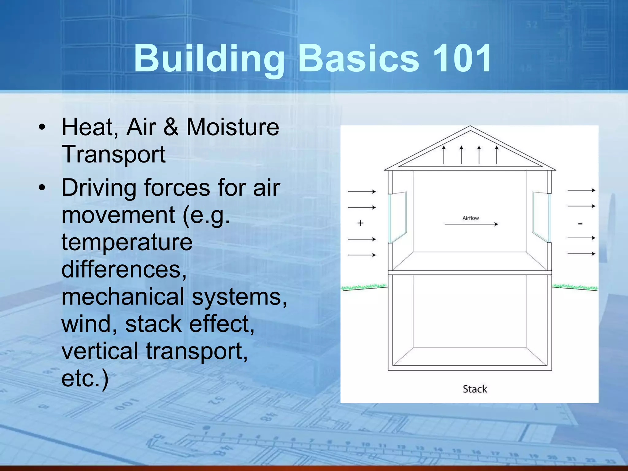 Building Basics 101 Heat, Air & Moisture Transport Driving forces for air movement (e.g. temperature differences, mechanical systems, wind, stack effect, vertical transport, etc.) 
