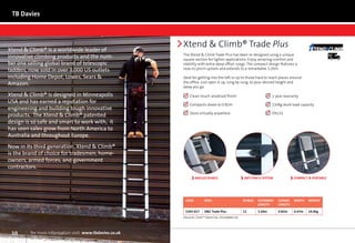 TB Davies




Xtend  Climb® is a worldwide leader of
                                                          Xtend  Climb® Trade Plus
                                                          The Xtend  Climb Trade Plus has been re-designed using a unique
innovative climbing products and the num-
                                                                                                                                                      Next	
                                                                                                                                                      Day
                                                          square section for lighter applications. Enjoy amazing comfort and
ber one selling global brand of telescopic                stability with extra-deep offset rungs. The compact design features a
                                                          new no pinch system and extends to a remarkable 3.20m.
ladders, now sold in over 3,000 US outlets
including Home Depot, Lowes, Sears                       Ideal for getting into the loft or up to those hard to reach places around
Amazon.                                                   the office. Just open it up, rung by rung, to your desired height and
                                                          away you go.

Xtend  Climb® is designed in Minneapolis                    	 lean-touch anodised finish
                                                              C
                                                                                                                  	 -year warranty
                                                                                                                    1
                                                                                                                    
USA and has earned a reputation for
                                                             	 ompacts down to 0.82m
                                                              C
                                                                                                                  	 50kg work load capacity
                                                                                                                    1
                                                                                                                    
engineering and building tough innovative
products. The Xtend  Climb® patented                        	 tore virtually anywhere
                                                              S
                                                                                                                  	 N131
                                                                                                                    E
                                                                                                                    

design is so safe and smart to work with, it
has seen sales grow from North America to
Australia and throughout Europe.
Now in its third generation, Xtend  Climb®
is the brand of choice for tradesmen, home-
owners, armed forces, and government
contractors.
                                                                  ANGLED RUNGS                     ANTI PINCH SYSTEM             COMPACT  PORTABLE




                                                           CODE         DESC.                      RUNGS   EXTENDED    CLOSED    WIDTH   WEIGHT
                                                                                                           LENGTH      LENGTH

                                                           1303-017     XC Trade Plus             11      3.20m       0.82m     0.47m   14.0kg
                                                          Xtend  Climb™ Patent No. EP1448865 B1




 10      for more information visit: www.tbdavies.co.uk
 