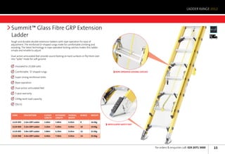 LADDER RANGE 2012




Summit™ Glass Fibre GRP Extension
Ladder                                                                                                                                                                      Next	
                                                                                                                                                                            Day



Tough and durable double extension ladders with rope-operation for ease of
adjustment. The reinforced D–shaped rungs make for comfortable climbing and
standing. The latest technology in rope-operated locking catches makes this ladder
simple and reliable to adjust.

Dual action articulated feet provide sound footing on hard surfaces or flip them over
into “spike” mode for soft ground.


   	 Insulated to 25,000 volts

   	 Comfortable ‘D’ shaped rungs                                                              ROPE-OPERATED LOCKING CATCHES

   	 Super strong reinforced stiles

   	 Rope-operation

   	 Dual-action articulated feet

   	 5-year warranty

   	 150kg work load capacity

   	 EN131



 Code        Description            closed   Extended   OVERALL   Rungs     WEIGHT
                                    length   length     WIDTH

 1119-003    2.6m GRP Ladder        2.60m    3.80m      0.45m     8         16.0kg
                                                                                        ARTICULATED SAFETY FEET
 1119-004    3.2m GRP Ladder        3.20m    5.00m      0.45m     10        19.0kg

 1119-005    3.8m GRP Ladder        3.80m    6.20m      0.45m     12        22.0kg

 1119-006    4.4m GRP Ladder        4.40m    7.40m      0.45m     14        25.0kg




                                                                                                                               for orders  enquiries call: 029 2071 3000           15
 