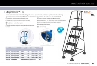 MOBILE SAFETY STEPS RANGE 2012




Stepmobile™ HD                                                                                                                                                                tbduk        We’ll make you fly




Constructed from steel tube and tested to 250kg with a scratch resistant powder coated finish available in 10 colours. The large                                                                 14 Days


working platform has an intermediate guardrail and twin handrails that extend the full length of the step for extra safety.

   Heavy duty Steel construction tested to 250kg.                          Scratch-resistant powder coating in ten colours

   Full double guardrail and twin handrails for safety.                    Available in blue, red, yellow, beige, green, grey, white, black
                                                                        purple and orange. (Bespoke colours upon request.)
   Tough Grip or Rubber Tread options.
                                                                           250kg workload capacity
  Weight-activated retractable castors with protective rubber
bumpers                                                                    1-year warranty


                                                                                                                          New




                                   HANDY BASKET OPTION                            CASTOR RETRACTS  GRIPS FLOOR

 Code       Description            Top Tread    Overall    OVERALL          Weight
                                   Height       Height     FOOTPRINT


 2011-002   2 Tread Stepmobile     0.50m        1.17m      0.57m x 0.61m    11kg

 2011-003   3 Tread Stepmobile     0.75m        1.42m      0.57m x 0.75m    14kg

 2011-004   4 Tread Stepmobile     1.00m        1.67m      0.57m x 0.89m    17kg

 2011-005   5 Tread Stepmobile     1.25m        1.92m      0.57m x 1.04m    20kg
 2010-060   Handy Basket           Basket Size: 0.52m x 0.21m x 0.37m       2kg



                                                                                                                                              for orders  enquiries call: 029 2071 3000               47
 