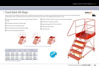 MOBILE SAFETY STEPS RANGE 2012




Truck Dock HD Steps                                                                                                                                                            tbduk         We’ll make you fly




Ideal for safe access to flatbed trucks and lorries. Locking device secures the step for climbing at a comfortable slope that allows user to turn and descend the steps                            21 Days

facing forward. Access is provided at the top of the step to all sides for ease of use and can be configured by the operator on site.

   Unique easy to operation multi-position guardrail system (no bolts                      Double punched treads for maximum slip resistance  drainage
required)
                                                                                           Wide treads for safety and stability
    Comfortable staircase like climbing angle
                                                                                           Large working platform 750mm x 962mm
    Positive lock anti-ascent safety system
                                                                                           250kg work load capacity
    Extra heavy duty construction tested to 250kg
                                                                                           1-year warranty
    Scratch resistant powder coated finish




                                                       SIDES FOLD INDIVIDUALLY TO SUIT INDIVIDUAL CIRCUMSTANCES


 Code           DesC.       Platform         Overall    OVERALL          Weight
                            Height           Height     FOOTPRINT

 2012-051       5 tread     1.10m            2.11m      1.00m x 1.78m    90kg

 2012-052       6 tread     1.33m            2.33m      1.00m x 1.96m    95kg
                                                                                                                  New
 2012-053       7 tread     1.55m            2.55m      1.00m x 2.15m    100kg

 2012-054       8 tread     1.77m            2.77m      1.00m x 2.33m    105kg
Number of treads includes the top platform




                                                                                                                                                for orders  enquiries call: 029 2071 3000                  51
 
