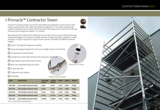 SCAFFOLD TOWER RANGE 2012




Pinnacle™ Contractor Tower
Pinnacle™ Contractor Towers are built for the professional tradesman and focused on their
needs: quick assembly time, safety, durability and ergonomics. The unique rung spacing               7 Days

enables climbable access on either side of the tower reducing build time whilst still ensuring
internal access through the trapdoor ‘3T’ method.

Manufactured from 50mm thick ribbed aluminium tube to reduce slip and fitted with heavy-
duty splined spigots for maximum strength and ease of tower assembly. Supplied in 3 types
of frames, 6 rung, 8 rung and 10 rung to ensure maximum flexibility on different platform
heights.

    Fully 3T (Through the Trapdoor) compliant

    Heavy duty spigot designed for maximum strength and ease of assembly

    Crimped abuse resistant joints

    Durable brace hooks with stainless steel springs for reliable use

    Large trapdoor opening for ease of access

    Multi-start adjustable legs and castors                                              HEAVY DUTY SPIGOT

    10-year warranty

    750kg work load capacity

    BS EN1004                                                BRACE HOOK ASSEMBLY

 Code              Description                    Platform   Overall    width   length    WEIGHT
                                                  Height     Height

 3015-006          4.2m Double Contractor Tower   4.20m      5.45m      1.35m   2.00m     175kg

 3015-010          6.0m Double Contractor Tower   6.05m      7.30m      1.35m   2.00m     201kg

 3015-014          7.9m Double Contractor Tower   7.91m      9.16m      1.35m   2.00m     250kg

 3015-018          9.8m Double Contractor Tower   9.77m      10.77m     1.35m   2.00m     276kg

 3015-023          12m Double Contractor Tower    12.09m     13.09m     1.35m   2.00m     349kg
This is a small selection of available sizes.

                                                                                                              for orders  enquiries call: 029 2071 3000   57
 