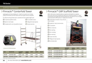 TB Davies

SCAFFOLD TOWER RANGE 2012

Pinnacle™ CenterFold Tower                                                                         Pinnacle™ GRP Scaffold Tower
Lightweight and robust folding unit—ideal for one person use. Simply                               When safe access is required where an explosive atmosphere or a greater
unfold, fit the board, lock the castors and use to gain access as required.              7 Days    than usual risk of fire or hazard from electrical or chemical contact or in ‘clean’       7 Days

                                                                                                   environments associated with food and high-tech manufacture, the use of glass
An optional extra guardrail pack is available for those slightly higher jobs.                      reinforced plastic (GRP) products is highly recommended.
    Six optional platform levels                           Four lockable castors                      Comfortable to handle in very cold and
                                                                                                   warm climates
    Ideal for most trades                                  150kg work load capacity
                                                                                                       Suitable for ‘clean’ environments
    Complete with a non-slip platform board                10-year warranty
                                                                                                       3T Compliant

                                                                                                       Non-conductive

                                                                                                       Non-sparking

                                                                                                       Non-corroding

                                                                                                       Non-oxidising

                                                                                                       10-year warranty

                                                                                                       750kg work load capacity

                                                                                                       BS EN 1004:2004




    FOLDS FOR TRANSPORTATION                                                                        Code              Description                  Platform   Overall   width       length
                                                                                                                                                   Height     Height

                                                                                                    3002-060          3.3m Double GRP Tower        3.3m       4.55m     1.2m        2.4m
 Code           Description              Platform      Overall     width        length    Weight
                                         Height        Height                                       3002-062          4.3m Double GRP Tower        4.3m       5.55m     1.2m        2.4m

 3010-003       CenterFold 1 Base        0.20m–1.70m   1.80m       0.70m        1.50m     29.2kg    3002-064          5.3m Double GRP Tower        5.3m       6.55m     1.2m        2.4m

 3010-003A      CenterFold 1 Guardrail   1.70m*        2.80m       0.70m        1.50m     12.1kg    3002-066          6.3m Double GRP Tower        6.3m       7.55m     1.2m        2.4m
*When used in conjunction with Base                                                                This is a small selection of available sizes.


58           for more information visit: www.tbdavies.co.uk
 