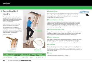 TB Davies



EnviroFold Loft                                                                                            Air Seal to EN 12207
                                                                                                                                                                                       Laddaway
                                                                                                                                                                                       Professional Loft Ladder Systems

Ladder                                                                                                  The casing and trapdoor are rebated for extra tightness to ensure there is
                                                                                                        no space for drafts. The ladder’s efficiency is significantly increased with                          Next	
                                                                                                                                                                                                              Day

                                                                                                        the fitting of a rubber draft excluder that is tested to the internationally
The Laddaway EnviroFold uses the highest                                                                recognised air-seal standard EN 12207.
quality timber from sustainable sources to
bring you an ecologically friendly loft ladder
                                                                                                           Insulated Trap Door to EN 14975
that can help reduce both your carbon
emissions and fuel bills.                                                                               The 26mm insulated trapdoor is finished in white on both sides with hidden
                                                                                                        trapdoor hinges. Manufactured from Spruce and sourced from FSC certified
To aid installation the unit will fit snugly
                                                                                                        forests that are managed with consideration for people, wildlife and the
between standard UK 600mm joists.
                                                                                                        environment. The FSC label guarantees that the trees harvested are replaced or
                                                                                                        allowed to regenerate naturally.
The EnviroFold boasts many features
including an insulated trap door with draft
seals, double handrails for added safety and                                    SUPPLIED WITH
                                                                                                           Robust construction tested to 265kg
feet to protect and secure the ladder. 75mm                                     TWO HANDRAILS
tread depth gives assured footing.                                                                      Designed for regular use the stiles are 84mm deep with comfortable 82mm non-
                                                                                                        slip treads. The ladder is tested to 265kg and certified to EN 14975 which has a
Continues opposite                                                                                    max working load of 150kg. Fits between standard UK 600mm joists.

                                                                                                           Safe and easy operation

                                                                                                        Every ladder is delivered with a wooden pull rod to assist in opening and closing
                                                                                                        the ladder which is spring assisted for smooth comfortable operation. Two
                                                                                                        handrails are fitted to provide maximum security when climbing into the loft.

                                                                                                           A quality finish

                                                                                                        The beauty and elegance of wood is in its natural unfinished state. This allows
                                                                                                        you to leave it mature over time or apply the finish of your choice. The ladder is
                                                                                                        easily adjusted to fit and then finished with purpose designed feet to protect the
                                                                               INSULATED AIR
            FITS BETWEEN                                                       TIGHT TRAP DOOR
                                                                                                        stiles and your flooring.
            STANDARD UK JOISTS
                                                                                                           U value
 Code        description     floor to ceiling    hatch Case size   max.         min.           treads
                             height (MAX)                          clearance    storage                 Thermal transmittance measurement 1.33 W/m2 oC
 1530-005    EnviroFold      2.82m               1.125 x 0.55m     1.61m        1.15 x 0.57m   12



60          for more information visit: www.tbdavies.co.uk
 