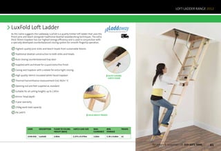 LOFT LADDER RANGE 2012




LuxFold Loft Ladder                                                                                Laddaway
                                                                                                   Professional Loft Ladder Systems
As the name suggests the Laddaway LuxFold is a quality timber loft ladder that uses the                                   Next	
                                                                                                                          Day
finest pine and beech alongside traditional dovetail woodworking techniques. The extra
thick 56mm trapdoor has our highest energy efficiency and is used in conjunction with
a specially developed counterbalanced closing system for smooth fingertip operation.

   Highest quality pine stiles and beech treads from sustainable forests

   Traditional dovetail construction to both stiles and treads

   Auto closing counterbalanced trap door

   Supplied with architrave for a quick extra fine finish

   Casing and trapdoor with a rebate for extra-tight closing

   High quality 56mm insulated white-faced trapdoor                                                AUTO CLOSING
                                                                                                   HATCH DOOR
   Thermal transmittance measurement 0.62 W/m2 oC

   Opening rod and feet supplied as standard

   Suitable for all ceiling heights up to 2.85m

   65mm Tread depth

   3-year warranty

   150kg work load capacity

   EN 14975
                                                                              SOLID BEECH TREADS




               Code        description    floor to ceiling   hatch Case size      max.         min.                       treads
                                          height (MAX)                            clearance    storage

               1530-010    LuxFold        2.85m              1.275 x 0.576m       1.64m        1.30 x 0.60m               12



                                                                                                                                      for orders  enquiries call: 029 2071 3000   61
 