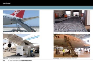 TB Davies




AEROSPACE - PASSENGER  CREW ACCESS STEPS                  INDUSTRY - ROLLERBALL CARGO HANDLING SYSTEMS




AEROSPACE - SPECIALIST SERVICING TRAILER                   AEROSPACE - TELESCOPIC HEIGHT ADJUSTABLE ACCESS STEPS

76        for more information visit: www.tbdavies.co.uk
 