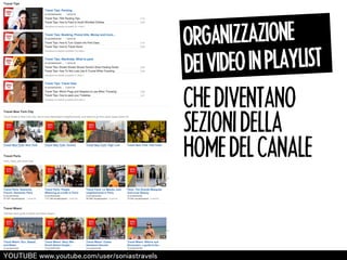 ORGANIZZAZIONE 
DEI VIDEO IN PLAYLIST 
CHE DIVENTANO 
SEZIONI DELLA 
HOME DEL CANALE 
㼅㻻㼁㼀㼁㻮㻱 㼣㼣㼣.㼥㼛㼡㼠㼡㼎㼑.㼏㼛㼙/㼡㼟㼑㼞/㼟㼛㼚㼕㼍㼟㼠㼞㼍㼢㼑㼘㼟 
 