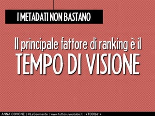 I METADATI NON BASTANO 
Il principale fattore di ranking è il 
TEMPO DI VISIONE 
㻭㻺㻺㻭 㻯㻻㼂㻻㻺㻱 | 㻬㻸㼍㻿㼑㼛㼙㼍㼚㼠㼑 | 㼣㼣㼣.㼠㼡㼠㼠㼛㼟㼡㼥㼛㼡㼠㼡㼎㼑.㼕㼠 | #㼀㻮㻰㻵2014 
 