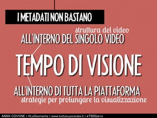 I METADATI NON BASTANO 
struttura del video 
ALL’INTERNO DEL SINGOLO VIDEO 
TEMPO DI VISIONE 
ALL’INTERNO DI TUTTA LA PIATTAFORMA 
strategie per prolungare la visualizzazione 
㻭㻺㻺㻭 㻯㻻㼂㻻㻺㻱 | 㻬㻸㼍㻿㼑㼛㼙㼍㼚㼠㼑 | 㼣㼣㼣.㼠㼡㼠㼠㼛㼟㼡㼥㼛㼡㼠㼡㼎㼑.㼕㼠 | #㼀㻮㻰㻵2014 
 