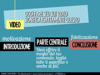 VIDEO 
OGGI FARE SEO SUI VIDEO 
SIGNIFICA ESATTAMENTE QUESTO 
INTRODUZIONE 
PARTE CENTRALE CONCLUSIONE 
motivazione 
Devi offrire il 
meglio del tuo 
contenuto, taglia 
tutto il superfluo e 
anche di più 
fidelizzazione 
㻭㻺㻺㻭 㻯㻻㼂㻻㻺㻱 | 㻬㻸㼍㻿㼑㼛㼙㼍㼚㼠㼑 | 㼣㼣㼣.㼠㼡㼠㼠㼛㼟㼡㼥㼛㼡㼠㼡㼎㼑.㼕㼠 | #㼀㻮㻰㻵2014 
 