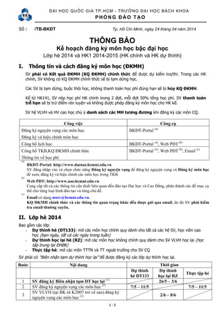 ĐẠI HỌC QUỐC GI A T P.HCM - T RƯỜNG ĐẠI HỌC BÁCH KHOA 
PHÒNG Đ À O T Ạ O 
Số : /TB-BKĐT Tp. Hồ Chí Minh, ngày 24 tháng 04 năm 2014 
THÔNG BÁO 
Kế hoạch đăng ký môn học bậc đại học 
Lớp hè 2014 và HK1 2014-2015 (HK chính và HK dự thính) 
I. Thông tin và cách đăng ký môn học (ĐKMH) 
SV phải có Kết quả ĐKMH (KQ ĐKMH) chính thức để được dự kiểm tra/thi. Trong các HK 
chính, SV không có KQ ĐKMH chính thức sẽ bị tạm dừng học. 
Các SV bị tạm dừng, buộc thôi học, không thanh toán học phí đúng hạn sẽ bị hủy KQ ĐKMH. 
Kể từ HK141, SV nộp học phí HK chính trong 2 đợt, mỗi đợt 50% tổng học phí. SV thanh toán 
trễ hạn sẽ bị trừ điểm rèn luyện và không được phép đăng ký môn học cho HK kế. 
SV hệ VLVH và HV cao học chú ý danh sách các MH tương đương khi đăng ký các môn CQ. 
Công việc Công cụ 
1 / 3 
Đăng ký nguyện vọng các môn học 
Đăng ký và hiệu chỉnh môn học 
BKĐT-Portal (a) 
Công bố lịch học BKĐT-Portal (a), Web PĐT (b) 
Công bố TKB,KQ ĐKMH chính thức 
Thông tin về học phí 
BKĐT-Portal (a), Web PĐT (b), Email (c) 
(a) 
BKĐT-Portal: http://www.daotao.hcmut.edu.vn 
SV đăng nhập vào và chọn chức năng Đăng ký nguyện vọng để đăng ký nguyện vọng và Đăng ký môn học 
để xem, đăng ký và hiệu chỉnh các môn học trong TKB. 
(b) 
Web PĐT: http://www.aao.hcmut.edu.vn 
Cung cấp tất cả các thông tin cần thiết liên quan đến đào tạo Đại học và Cao Đẳng, phân thành các đề mục cụ 
thể cho từng loại hình đào tạo và từng chủ đề. 
(c) 
Email có dạng mssv@hcmut.edu.vn. 
KQ ĐKMH chính thức và các thông tin quan trọng khác đều được gửi qua email, do đó SV phải kiểm 
tra email thường xuyên. 
II. Lớp hè 2014 
Bao gồm các lớp: 
- Dự thính hè (DT133): mở các môn học chính quy dành cho tất cả các hệ SV, học viên cao 
học (ban ngày, tất cả các ngày trong tuần) 
- Dự thính học lại hè (RZ): mở các môn học không chính quy dành cho SV VLVH học lại (học 
tập trung tại ĐHBK) 
- Thực tập hè: mở các môn TTTN và TT ngoài trường cho SV CQ 
SV phải có “Biên nhận tạm dự thính học lại” để được đăng ký các lớp dự thính học lại. 
Bước Nội dung Thời gian 
Dự thính 
hè DT133 
Dự thính 
học lại RZ 
Thực tập hè 
1 SV đăng ký Biên nhận tạm DT học lại (1) 26/5 – 3/6 
2 SV đăng ký nguyện vọng các môn học (2) 7/5 – 11/5 7/5 – 11/5 
3 
SV VLVH (tại BK từ K2007 trở về sau) đăng ký 
nguyện vọng các môn học (2) 2/6 – 8/6 
 