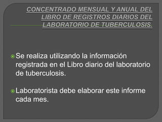 CONCENTRADO MENSUAL Y ANUAL DEL LIBRO DE REGISTROS DIARIOS DEL LABORATORIO DE TUBERCULOSIS.Se realiza utilizando la información registrada en el Libro diario del laboratorio de tuberculosis.Laboratorista debe elaborar este informe cada mes. 