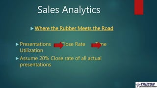 Sales Analytics
 Where the Rubber Meets the Road
 Presentations Close Rate Time
Utilization
 Assume 20% Close rate of a...