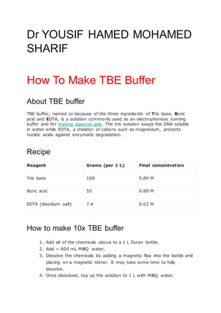 Dr YOUSIF HAMED MOHAMED
SHARIF
How To Make TBE Buffer
About TBE buffer
TBE buffer, named so because of the three ingredients of Tris base, Boric
acid and EDTA, is a solution commonly used as an electrophoresis running
buffer and for making agarose gels. The tris solution keeps the DNA soluble
in water while EDTA, a chelator of cations such as magnesium, protects
nucleic acids against enzymatic degradation.
Recipe
Reagent Grams (per 1 L) Final concentration
Tris base 108 0.89 M
Boric acid 55 0.89 M
EDTA (disodium salt) 7.4 0.02 M
How to make 10x TBE buffer
1. Add all of the chemicals above to a 1 L Duran bottle.
2. Add ~ 800 mL MilliQ water.
3. Dissolve the chemicals by adding a magnetic flea into the bottle and
placing on a magnetic stirrer. It may take some time to fully
dissolve.
4. Once dissolved, top up the solution to 1 L with MilliQ water.
 