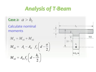 Analysis of T-Beam
Case 2:

a

hf

Calculate nominal
moments
Mn
M n1
M n2

M n1 M n2
As

Asf f y d

Asf f y d

hf
2

a
2

 