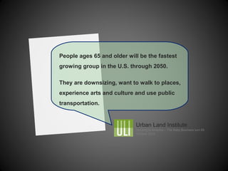People ages 65 and older will be the fastest
growing group in the U.S. through 2050.
They are downsizing, want to walk to places,
experience arts and culture and use public
transportation.
Urban Land Institute
Housing in America – The Baby Boomers turn 65
October 2012
 