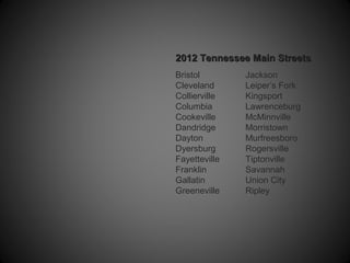 Bristol Jackson
Cleveland Leiper’s Fork
Collierville Kingsport
Columbia Lawrenceburg
Cookeville McMinnville
Dandridge Morristown
Dayton Murfreesboro
Dyersburg Rogersville
Fayetteville Tiptonville
Franklin Savannah
Gallatin Union City
Greeneville Ripley
2012 Tennessee Main Streets2012 Tennessee Main Streets
 