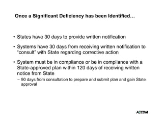 Once a Significant Deficiency has been Identified…



• States have 30 days to provide written notification
                   y     p
• Systems have 30 days from receiving written notification to
  “consult” with State regarding corrective action
• System must be in compliance or be in compliance with a
  State-approved plan within 120 days of receiving written
  notice from State
 – 90 days from consultation to prepare and submit plan and gain State
   approval
 