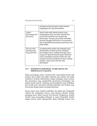 Pengenalan Mu’amalat Islam 19
mempunyai hak dan layak untuk memikul
tanggungjawab yang diamanahkan.
Sighah
(pernyataan ijab
dan qabul)
Sighah ialah suatu bentuk kontrak yang
mengandungi ikrar ijab (lafaz penjual) dan
qabul (lafaz pembeli) atau tawaran dan
penerimaan. Tawaran yang dibuat oleh pihak
pertama dipanggil ijab kerana ia menawarkan
dan mengesahkan persetujuan penerimaan oleh
pihak kedua.
Ma’qud alaih
(barangan dan
harga jual beli)
Ia adalah perkara pokok atau barangan yang
dimaksudkan di dalam kontrak. Mengikut
perundangan Islam, terdapat beberapa syarat
yang perlu dipenuhi bagi barangan berkenaan
untuk menjadikan kontrak tersebut sah; iaitu
barangan tersebut hendaklah sah disisi undang-
undang, wujud (sedia ada) dan telah
dikenalpasti.
A1.3 PENERAPAN KONTRAK SYARI’AH DALAM
PERNIAGAAN TAKAFUL
Dalam perundangan Islam, kontrak boleh wujud dalam bentuk dua
keadaan iaitu kontrak dua pihak (bilateral) atau kontrak satu pihak
(unilateral). Kontrak didefinisikan sebagai hubungan antara tawaran
dan penerimaan yang menghasilkan persetujuan perundangan atas
perkara pokok kontrak. Sebarang urusan perjanjian yang melibatkan
harta benda perlu memenuhi beberapa keperluan asas kontrak yang
bersesuaian dengan tujuan urusniaga berkenaan.
Secara amnya skim Takaful melibatkan dua pihak iaitu Pengendali
Takaful dan sekumpulan Peserta yang biasanya dikenali sebagai
pemegang polisi dalam insurans konvensional. Ringkasnya, kontrak
Takaful yang mewujudkan hubungan di antara Pengendali Takaful
dengan peserta boleh dikategorikan dalam beberapa bentuk iaitu
 