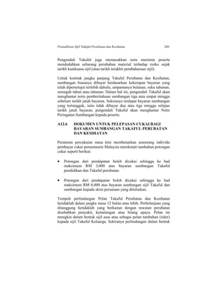 Pentadbiran Sijil Takaful Perubatan dan Kesihatan 249
Pengendali Takaful juga memasukkan nota meminta peserta
mendedahkan sebarang perubahan material terhadap risiko sejak
tarikh kuatkuasa sijil (atau tarikh terakhir pembaharuan sijil).
Untuk kontrak jangka panjang Takaful Perubatan dan Kesihatan,
sumbangan biasanya dibayar berdasarkan kekerapan bayaran yang
telah dipersetujui terlebih dahulu, umpamanya bulanan, suku tahunan,
setengah tahun atau tahunan. Dalam hal ini, pengendali Takaful akan
menghantar notis pemberitahuan sumbangan tiga atau empat minggu
sebelum tarikh jatuh bayaran. Sekiranya terdapat bayaran sumbangan
yang tertunggak, iaitu tidak dibayar dua atau tiga minggu selepas
tarikh jatuh bayaran, pengendali Takaful akan menghantar Notis
Peringatan Sumbangan kepada peserta.
A12.6 DOKUMEN UNTUK PELEPASAN CUKAI BAGI
BAYARAN SUMBANGAN TAKAFUL PERUBATAN
DAN KESIHATAN
Peraturan percukaian masa kini membenarkan seseorang individu
pembayar cukai pemastautin Malaysia menikmati tambahan potongan
cukai seperti berikut:
 Potongan dari pendapatan boleh dicukai sehingga ke had
maksimum RM 3,000 atas bayaran sumbangan Takaful
pendidikan dan Takaful perubatan.
 Potongan dari pendapatan boleh dicukai sehingga ke had
maksimum RM 6,000 atas bayaran sumbangan sijil Takaful dan
sumbangan kepada skim persaraan yang diluluskan.
Tempoh perlindungan Pelan Takaful Perubatan dan Kesihatan
hendaklah dalam jangka masa 12 bulan atau lebih. Perbelanjaan yang
ditanggung hendaklah yang berkaitan dengan rawatan perubatan
disebabkan penyakit, kemalangan atau hilang upaya. Pelan ini
mungkin dalam bentuk sijil asas atau sebagai pelan tambahan (rider)
kepada sijil Takaful Keluarga. Sekiranya perlindungan dalam bentuk
 