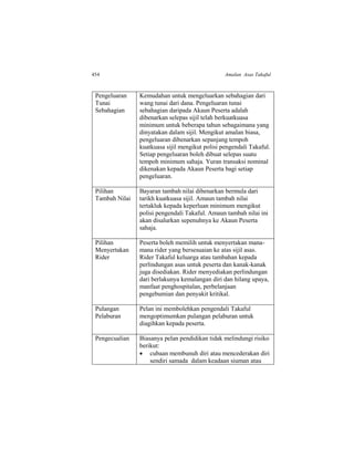 454 Amalan Asas Takaful
Pengeluaran
Tunai
Sebahagian
Kemudahan untuk mengeluarkan sebahagian dari
wang tunai dari dana. Pengeluaran tunai
sebahagian daripada Akaun Peserta adalah
dibenarkan selepas sijil telah berkuatkuasa
minimum untuk beberapa tahun sebagaimana yang
dinyatakan dalam sijil. Mengikut amalan biasa,
pengeluaran dibenarkan sepanjang tempoh
kuatkuasa sijil mengikut polisi pengendali Takaful.
Setiap pengeluaran boleh dibuat selepas suatu
tempoh minimum sahaja. Yuran transaksi nominal
dikenakan kepada Akaun Peserta bagi setiap
pengeluaran.
Pilihan
Tambah Nilai
Bayaran tambah nilai dibenarkan bermula dari
tarikh kuatkuasa sijil. Amaun tambah nilai
tertakluk kepada keperluan minimum mengikut
polisi pengendali Takaful. Amaun tambah nilai ini
akan disalurkan sepenuhnya ke Akaun Peserta
sahaja.
Pilihan
Menyertakan
Rider
Peserta boleh memilih untuk menyertakan mana-
mana rider yang bersesuaian ke atas sijil asas.
Rider Takaful keluarga atau tambahan kepada
perlindungan asas untuk peserta dan kanak-kanak
juga disediakan. Rider menyediakan perlindungan
dari berlakunya kemalangan diri dan hilang upaya,
manfaat penghospitalan, perbelanjaan
pengebumian dan penyakit kritikal.
Pulangan
Pelaburan
Pelan ini membolehkan pengendali Takaful
mengoptimumkan pulangan pelaburan untuk
diagihkan kepada peserta.
Pengecualian Biasanya pelan pendidikan tidak melindungi risiko
berikut:
 cubaan membunuh diri atau mencederakan diri
sendiri samada dalam keadaan siuman atau
 