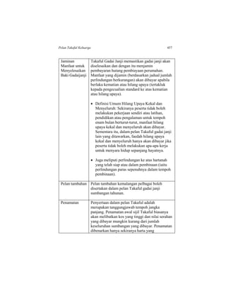 Pelan Takaful Keluarga 457
Jaminan
Manfaat untuk
Menyelesaikan
Baki Gadaijanji
Takaful Gadai Janji memastikan gadai janji akan
diselesaikan dan dengan itu menjamin
pembayaran hutang pembiayaan perumahan.
Manfaat yang dijamin (berdasarkan jadual jumlah
perlindungan berkurangan) akan dibayar apabila
berlaku kematian atau hilang upaya (tertakluk
kepada pengecualian standard ke atas kematian
atau hilang upaya).
 Definisi Umum Hilang Upaya Kekal dan
Menyeluruh: Sekiranya peserta tidak boleh
melakukan pekerjaan sendiri atau latihan,
pendidikan atau pengalaman untuk tempoh
enam bulan berturut-turut, manfaat hilang
upaya kekal dan menyeluruh akan dibayar.
Sementara itu, dalam pelan Takaful gadai janji
lain yang ditawarkan, faedah hilang upaya
kekal dan menyeluruh hanya akan dibayar jika
peserta tidak boleh melakukan apa-apa kerja
untuk menyara hidup sepanjang hayatnya.
 Juga meliputi perlindungan ke atas hartanah
yang telah siap atau dalam pembinaan (iaitu
perlindungan paras sepenuhnya dalam tempoh
pembinaan).
Pelan tambahan Pelan tambahan kemalangan pelbagai boleh
disertakan dalam pelan Takaful gadai janji
sumbangan tahunan.
Penamatan Penyertaan dalam pelan Takaful adalah
merupakan tanggungjawab tempoh jangka
panjang. Penamatan awal sijil Takaful biasanya
akan melibatkan kos yang tinggi dan nilai serahan
yang dibayar mungkin kurang dari jumlah
keseluruhan sumbangan yang dibayar. Penamatan
dibenarkan hanya sekiranya harta yang
 