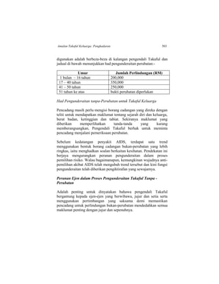 Amalan Takaful Keluarga: Pengkadaran 503
digunakan adalah berbeza-beza di kalangan pengendali Takaful dan
jadual di bawah menunjukkan had pengunderaitan perubatan:-
Umur Jumlah Perlindungan (RM)
1 bulan – 16 tahun 200,000
17 – 40 tahun 350,000
41 – 50 tahun 250,000
51 tahun ke atas bukti perubatan diperlukan
Had Pengunderaitan tanpa-Perubatan untuk Takaful Keluarga
Pencadang masih perlu mengisi borang cadangan yang direka dengan
teliti untuk mendapatkan maklumat tentang sejarah diri dan keluarga,
berat badan, ketinggian dan tabiat. Sekiranya maklumat yang
diberikan memperlihatkan tanda-tanda yang kurang
memberangsangkan, Pengendali Takaful berhak untuk meminta
pencadang menjalani pemeriksaan perubatan.
Sebelum kedatangan penyakit AIDS, terdapat satu trend
menggunakan bentuk borang cadangan bukan-perubatan yang lebih
ringkas, iaitu menghadkan soalan berkaitan kesihatan. Pendekatan ini
berjaya mengurangkan peranan pengunderaitan dalam proses
pemilihan risiko. Walau bagaimanapun, kemungkinan wujudnya anti-
pemilihan akibat AIDS telah mengubah trend tersebut dan kini fungsi
pengunderaitan telah diberikan pengiktirafan yang sewajarnya.
Peranan Ejen dalam Proses Pengunderaitan Takaful Tanpa -
Perubatan
Adalah penting untuk dinyatakan bahawa pengendali Takaful
bergantung kepada ejen-ejen yang berwibawa, jujur dan setia serta
menggunakan pertimbangan yang saksama demi memastikan
pencadang untuk perlindungan bukan-perubatan mendedahkan semua
maklumat penting dengan jujur dan sepenuhnya.
 