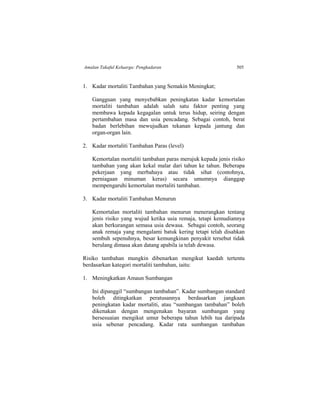 Amalan Takaful Keluarga: Pengkadaran 505
1. Kadar mortaliti Tambahan yang Semakin Meningkat;
Gangguan yang menyebabkan peningkatan kadar kemortalan
mortaliti tambahan adalah salah satu faktor penting yang
membawa kepada kegagalan untuk terus hidup, seiring dengan
pertambahan masa dan usia pencadang. Sebagai contoh, berat
badan berlebihan mewujudkan tekanan kepada jantung dan
organ-organ lain.
2. Kadar mortaliti Tambahan Paras (level)
Kemortalan mortaliti tambahan paras merujuk kepada jenis risiko
tambahan yang akan kekal malar dari tahun ke tahun. Beberapa
pekerjaan yang merbahaya atau tidak sihat (contohnya,
perniagaan minuman keras) secara umumnya dianggap
mempengaruhi kemortalan mortaliti tambahan.
3. Kadar mortaliti Tambahan Menurun
Kemortalan mortaliti tambahan menurun menerangkan tentang
jenis risiko yang wujud ketika usia remaja, tetapi kemudiannya
akan berkurangan semasa usia dewasa. Sebagai contoh, seorang
anak remaja yang mengalami batuk kering tetapi telah disahkan
sembuh sepenuhnya, besar kemungkinan penyakit tersebut tidak
berulang dimasa akan datang apabila ia telah dewasa.
Risiko tambahan mungkin dibenarkan mengikut kaedah tertentu
berdasarkan kategori mortaliti tambahan, iaitu:
1. Meningkatkan Amaun Sumbangan
Ini dipanggil “sumbangan tambahan”. Kadar sumbangan standard
boleh ditingkatkan peratusannya berdasarkan jangkaan
peningkatan kadar mortaliti, atau “sumbangan tambahan” boleh
dikenakan dengan mengenakan bayaran sumbangan yang
bersesuaian mengikut umur beberapa tahun lebih tua daripada
usia sebenar pencadang. Kadar rata sumbangan tambahan
 