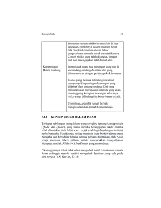 Konsep Risiko 33
ketenatan sesuatu risiko itu mestilah di luar
jangkaan, contohnya dalam insurans hayat –
bila / tarikh kematian adalah diluar
pengetahuan manusia untuk memastikannya.
Contoh risiko yang telah dijangka, dengan
niat dan disengajakan ialah bunuh diri.
Kepentingan
Boleh Lindung
Bermaksud suatu hak hubungan yang sah di
sisi undang-undang di antara diri yang
diinsuranskan dengan perkara pokok insurans.
Risiko yang hendak dilindungi mestilah
mempunyai kepentingan kewangan yang
diiktiraf oleh undang-undang. Diri yang
diinsuranskan merupakan individu yang akan
menanggung kerugian kewangan sekiranya
risiko yang dilindungi itu benar-benar terjadi.
Contohnya, pemilik rumah berhak
menginsuranskan rumah kediamannya.
A2.2 KONSEP RISIKO DALAM ISLAM
Terdapat sebilangan orang Islam yang terkeliru tentang konsep takdir
(Qada’ dan Qadar), yang mana mereka beranggapan takdir mereka
telah ditentukan oleh Allah s.w.t. sejak azali lagi dan dengan itu tidak
perlu berusaha. Hakikatnya, setiap manusia tetap berkewajipan untuk
berusaha dan berikhtiar kerana semua perkara ditentukan oleh Allah
tetapi manusia diberi pilihan untuk mencorakkan kesejahteraan
hidupnya sendiri. Allah s.w.t. berfirman yang maksudnya:
“Sesungguhnya Allah tidak akan mengubah nasib / keadaaan sesuatu
kaum sehingga mereka sendiri mengubah keadaan yang ada pada
diri mereka” (Al-Qur’an, 13:11)
 