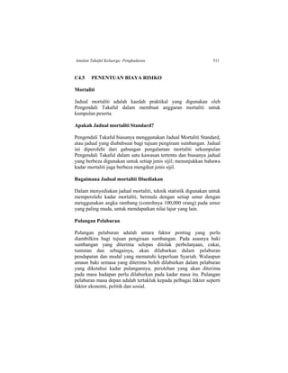 Amalan Takaful Keluarga: Pengkadaran 511
C4.5 PENENTUAN BIAYA RISIKO
Mortaliti
Jadual mortaliti adalah kaedah praktikal yang digunakan oleh
Pengendali Takaful dalam membuat anggaran mortaliti untuk
kumpulan peserta.
Apakah Jadual mortaliti Standard?
Pengendali Takaful biasanya menggunakan Jadual Mortaliti Standard,
atau jadual yang diubahsuai bagi tujuan pengiraan sumbangan. Jadual
ini diperolehi dari gabungan pengalaman mortaliti sekumpulan
Pengendali Takaful dalam satu kawasan tertentu dan biasanya jadual
yang berbeza digunakan untuk setiap jenis sijil; menunjukkan bahawa
kadar mortaliti juga berbeza mengikut jenis sijil.
Bagaimana Jadual mortaliti Disediakan
Dalam menyediakan jadual mortaliti, teknik statistik digunakan untuk
memperolehi kadar mortaliti, bermula dengan setiap umur dengan
menggunakan angka rambang (contohnya 100,000 orang) pada umur
yang paling muda, untuk mendapatkan nilai lajur yang lain.
Pulangan Pelaburan
Pulangan pelaburan adalah antara faktor penting yang perlu
diambilkira bagi tujuan pengiraan sumbangan. Pada asasnya baki
sumbangan yang diterima selepas ditolak perbelanjaan, cukai,
tuntutan dan sebagainya, akan dilaburkan dalam pelaburan
pendapatan dan modal yang mematuhi keperluan Syariah. Walaupun
amaun baki semasa yang diterima boleh dilaburkan dalam pelaburan
yang diketahui kadar pulangannya, perolehan yang akan diterima
pada masa hadapan perlu dilaburkan pada kadar masa itu. Pulangan
pelaburan masa depan adalah tertakluk kepada pelbagai faktor seperti
faktor ekonomi, politik dan sosial.
 