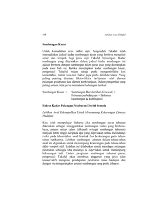 518 Amalan Asas Takaful
Sumbangan Kasar
Untuk kemudahan urus tadbir sijil, Pengendali Takaful telah
menyediakan jadual kadar sumbangan kasar yang berbeza mengikut
umur dan tempoh bagi jenis sijil Takaful berasingan. Kadar
sumbangan yang dinyatakan dalam jadual kadar sumbangan ini
adalah berbeza dengan sumbangan tulen paras asas yang diterangkan
pada awal bab ini. Ketika menetapkan kadar sumbangan kasar,
pengendali Takaful bukan sahaja perlu mengambilkira kos
kemortalan, malah lain-lain faktor juga perlu dititikberatkan. Yang
paling penting diantara faktor-faktor berkenaan ialah elemen
pulangan pelaburan dan elemen perbelanjaan. Dalam pengertian yang
paling umum, kita perlu memahami hubungan berikut:
Sumbangan Kasar = Sumbangan Bersih (lihat di bawah) +
Bebanan perbelanjaan + Bebanan
keuntungan & kontingensi
Faktor Kadar Pulangan Pelaburan Diteliti Semula
Lebihan Awal Dikumpulkan Untuk Menampung Kekurangan Dimasa
Hadapan
Kita telah mempelajari bahawa jika sumbangan paras tahunan
dikenakan sebagai menggantikan sumbangan risiko yang berbeza-
beza, amaun setiap tahun (dikenali sebagai sumbangan tahunan)
menjadi lebih tinggi daripada apa yang diperlukan untuk melindungi
risiko pada tahun-tahun awal kontrak dan berkurangan pada tahun-
tahun berikutnya. Lebihan sumbangan tahunan dalam tahun-tahun
awal ini digunakan untuk menampung kekurangan pada tahun-tahun
akhir tempoh sijil. Lebihan ini dilaburkan untuk mendapat pulangan
pelaburan sehingga tiba masanya ia diperlukan untuk menampung
kekurangan tadi. Dalam pengiraan sumbangan tahunan paras,
pengendali Takaful akan membuat anggaran yang jelas (dan
konservatif) mengenai pendapatan pelaburan masa hadapan dan
dengan itu mengurangkan amaun sumbangan yang perlu dibayar.
 