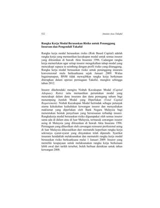 522 Amalan Asas Takaful
Rangka Kerja Modal Berasaskan Risiko untuk Penanggung
Insurans dan Pengendali Takaful
Rangka kerja modal berasaskan risiko (Risk Based Capital) adalah
rangka kerja yang memastikan kecukupan modal untuk semua insurer
yang dilesenkan di bawah Akta Insurans 1996. Cadangan rangka
kerja memerlukan agar setiap insurer mengekalkan tahap modal yang
mencukupi supaya ia seimbang dengan profil risiko yang ditanggung.
Rangka kerja modal berasaskan risiko untuk penanggung insurans
konvensional mula berkuatkuasa sejak Januari 2009. Walau
bagaimanapun, BNM tidak mewajibkan rangka kerja berkenaan
diterapkan dalam operasi perniagaan Takaful, mungkin sehingga
tahun 2012.
Insurer dikehendaki mengira Nisbah Kecukupan Modal (Capital
Adequacy Ratio) iaitu memastikan peruntukan modal yang
mencukupi dalam dana insurans dan dana pemegang saham bagi
menampung Jumlah Modal yang Diperlukan (Total Capital
Requirement). Nisbah Kecukupan Modal bertindak sebagai petunjuk
utama kekukuhan kedudukan kewangan insurer dan menyediakan
maklumat yang diperlukan oleh Bank Negara Malaysia bagi
menentukan bentuk penyeliaan yang bersesuaian terhadap insurer.
Rangkakerja modal berasaskan risiko digunapakai oleh semua insurer
sama ada di dalam atau di luar Malaysia, termasuk cawangan insurer
asing di Malaysia yang dilesenkan di bawah Akta Insurans 1996.
Perniagaan yang dihasilkan oleh cawangan reinsurer profesional asing
di luar Malaysia dikecualikan dari mematuhi keperluan rangka kerja
sekiranya syarat-syarat yang dinyatakan telah dipenuhi. Syarikat
insurans hendaklah melaksanakan dan mematuhi rangka kerja modal
berasaskan risiko berkuatkuasa mulai 1 Januari 2009. Insurer yang
memiliki keupayaan untuk melaksanakan rangka kerja berkenaan
lebih awal dari tarikh tersebut, boleh berbuat demikian untuk tahun
kewangan 2008.
 