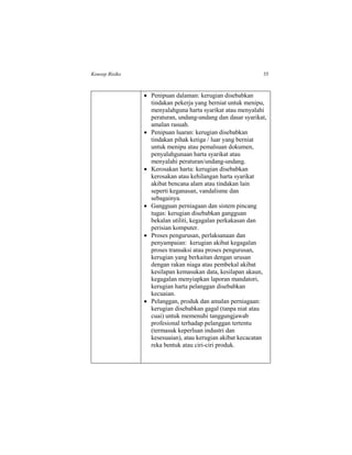 Konsep Risiko 35
 Penipuan dalaman: kerugian disebabkan
tindakan pekerja yang berniat untuk menipu,
menyalahguna harta syarikat atau menyalahi
peraturan, undang-undang dan dasar syarikat,
amalan rasuah.
 Penipuan luaran: kerugian disebabkan
tindakan pihak ketiga / luar yang berniat
untuk menipu atau pemalsuan dokumen,
penyalahgunaan harta syarikat atau
menyalahi peraturan/undang-undang.
 Kerosakan harta: kerugian disebabkan
kerosakan atau kehilangan harta syarikat
akibat bencana alam atau tindakan lain
seperti keganasan, vandalisme dan
sebagainya.
 Gangguan perniagaan dan sistem pincang
tugas: kerugian disebabkan gangguan
bekalan utiliti, kegagalan perkakasan dan
perisian komputer.
 Proses pengurusan, perlaksanaan dan
penyampaian: kerugian akibat kegagalan
proses transaksi atau proses pengurusan,
kerugian yang berkaitan dengan urusan
dengan rakan niaga atau pembekal akibat
kesilapan kemasukan data, kesilapan akaun,
kegagalan menyiapkan laporan mandatori,
kerugian harta pelanggan disebabkan
kecuaian.
 Pelanggan, produk dan amalan perniagaan:
kerugian disebabkan gagal (tanpa niat atau
cuai) untuk memenuhi tanggungjawab
profesional terhadap pelanggan tertentu
(termasuk keperluan industri dan
kesesuaian), atau kerugian akibat kecacatan
reka bentuk atau ciri-ciri produk.
 