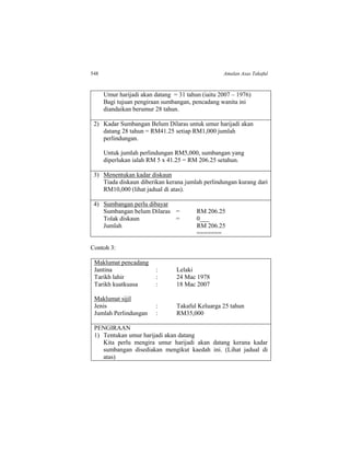 548 Amalan Asas Takaful
Umur harijadi akan datang = 31 tahun (iaitu 2007 – 1976)
Bagi tujuan pengiraan sumbangan, pencadang wanita ini
diandaikan berumur 28 tahun.
2) Kadar Sumbangan Belum Dilaras untuk umur harijadi akan
datang 28 tahun = RM41.25 setiap RM1,000 jumlah
perlindungan.
Untuk jumlah perlindungan RM5,000, sumbangan yang
diperlukan ialah RM 5 x 41.25 = RM 206.25 setahun.
3) Menentukan kadar diskaun
Tiada diskaun diberikan kerana jumlah perlindungan kurang dari
RM10,000 (lihat jadual di atas).
4) Sumbangan perlu dibayar
Sumbangan belum Dilaras = RM 206.25
Tolak diskaun = 0___
Jumlah RM 206.25
=======
Contoh 3:
Maklumat pencadang
Jantina : Lelaki
Tarikh lahir : 24 Mac 1978
Tarikh kuatkuasa : 18 Mac 2007
Maklumat sijil
Jenis : Takaful Keluarga 25 tahun
Jumlah Perlindungan : RM35,000
PENGIRAAN
1) Tentukan umur harijadi akan datang
Kita perlu mengira umur harijadi akan datang kerana kadar
sumbangan disediakan mengikut kaedah ini. (Lihat jadual di
atas)
 