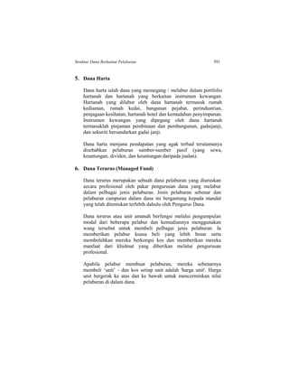 Struktur Dana Berkaitan Pelaburan 591
5. Dana Harta
Dana harta ialah dana yang memegang / melabur dalam portfolio
hartanah dan hartanah yang berkaitan instrumen kewangan.
Hartanah yang dilabur oleh dana hartanah termasuk rumah
kediaman, rumah kedai, bangunan pejabat, perindustrian,
penjagaan kesihatan, hartanah hotel dan kemudahan penyimpanan.
Instrumen kewangan yang dipegang oleh dana hartanah
termasuklah pinjaman pembinaan dan pembangunan, gadaijanji,
dan sekuriti bersandarkan gadai janji.
Dana harta menjana pendapatan yang agak terhad terutamanya
disebabkan pelaburan sumber-sumber pasif (yang sewa,
keuntungan, dividen, dan keuntungan daripada jualan).
6. Dana Terurus (Managed Fund)
Dana terurus merupakan sebuah dana pelaburan yang diuruskan
secara profesional oleh pakar pengurusan dana yang melabur
dalam pelbagai jenis pelaburan. Jenis pelaburan sebenar dan
pelaburan campuran dalam dana ini bergantung kepada mandat
yang telah ditentukan terlebih dahulu oleh Pengurus Dana.
Dana terurus atau unit amanah berfungsi melalui pengumpulan
modal dari beberapa pelabur dan kemudiannya menggunakan
wang tersebut untuk membeli pelbagai jenis pelaburan. Ia
memberikan pelabur kuasa beli yang lebih besar serta
membolehkan mereka berkongsi kos dan memberikan mereka
manfaat dari khidmat yang diberikan melalui pengurusan
profesional.
Apabila pelabur membuat pelaburan, mereka sebenarnya
membeli ‘unit’ - dan kos setiap unit adalah 'harga unit'. Harga
unit bergerak ke atas dan ke bawah untuk mencerminkan nilai
pelaburan di dalam dana.
 