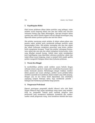 596 Amalan Asas Takaful
2. Kepelbagaian Risiko
Oleh kerana pelaburan dibuat dalam portfolio yang pelbagai, risiko
melabur secara langsung dalam satu atau dua saham atau lain-lain
instrumen hutang juga dapat dikurangkan. Apa-apa kerugian dalam
syarikat atau sektor tertentu diganti (off-set) dengan keuntungan yang
diperolehi dalam syarikat-syarikat atau lain-lain sektor.
Jika pelabur merancang untuk melabur di dalam saham-saham atau
pasaran sukuk, pelabur perlu membentuk pelbagai portfolio untuk
mengurangkan risiko. Jika pelabur memegang satu atau dua saham
dan saham berkenaan mengalami penurunan yang ketara, pelabur
boleh mengalamai kerugian. Tetapi jika pelabur memegang beratus-
ratus saham dan satu atau dua saham mengalami kemerosotan, risiko
yang dihadapi menjadi kurang. Adalah sukar untuk mendapatkan
jenis kepelbagaian yang diperlukan sekiranya pembelian saham dan
sukuk dibuat secara langsung, tetapi ia menjadi lebih mudah apabila
pelabur mengambil bahagian dalam dana berkaitan pelaburan.
3. Purata Kos Ringgit
Ia membolehkan pelabur untuk melabur secara berkala dengan
seberapa amaun yang kecil, tanpa perlu memikirkan kesesuaian masa
ketika memasuki pasaran. Bertentangan dengan tindakan melabur
dalam pasaran aset secara sekaligus, pelabur secara perlahan-lahan
membeli sejumlah kecil pelaburan dalam tempoh yang lebih panjang.
Dengan cara ini kos belian boleh dipuratakan atau disebarkan
sepanjang tempoh beberapa tahun, bagi membentuk penebat /
halangan dari berlakunya perubahan harga pasaran.
4. Pengurusan Profesional
Operasi perniagaan pengendali takaful dikawal selia oleh Bank
Negara Malaysia bagi tujuan melindungi orang ramai yang melabur.
Oleh itu, pengendali Takaful perlu melantik pengurus dana
profesional yang mempunyai kepakaran, kemahiran dan sumber-
sumber untuk pengurusan wang, serta kemahiran teknikal dan kerja-
 